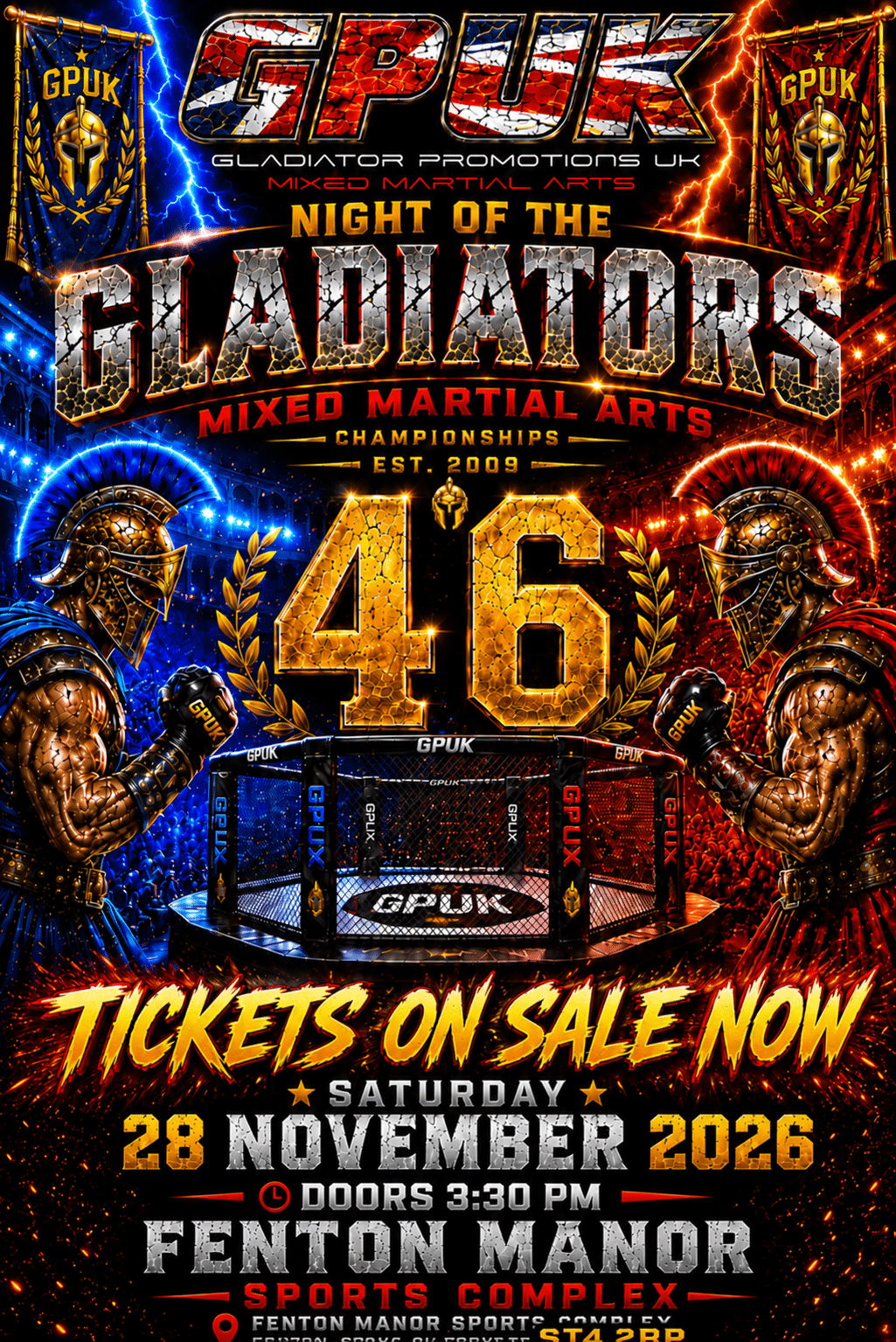 GPUK46 Night of the Gladiators, Saturday 28 November 2026, Fenton Manor Sports Complex, doors 3:30 PM