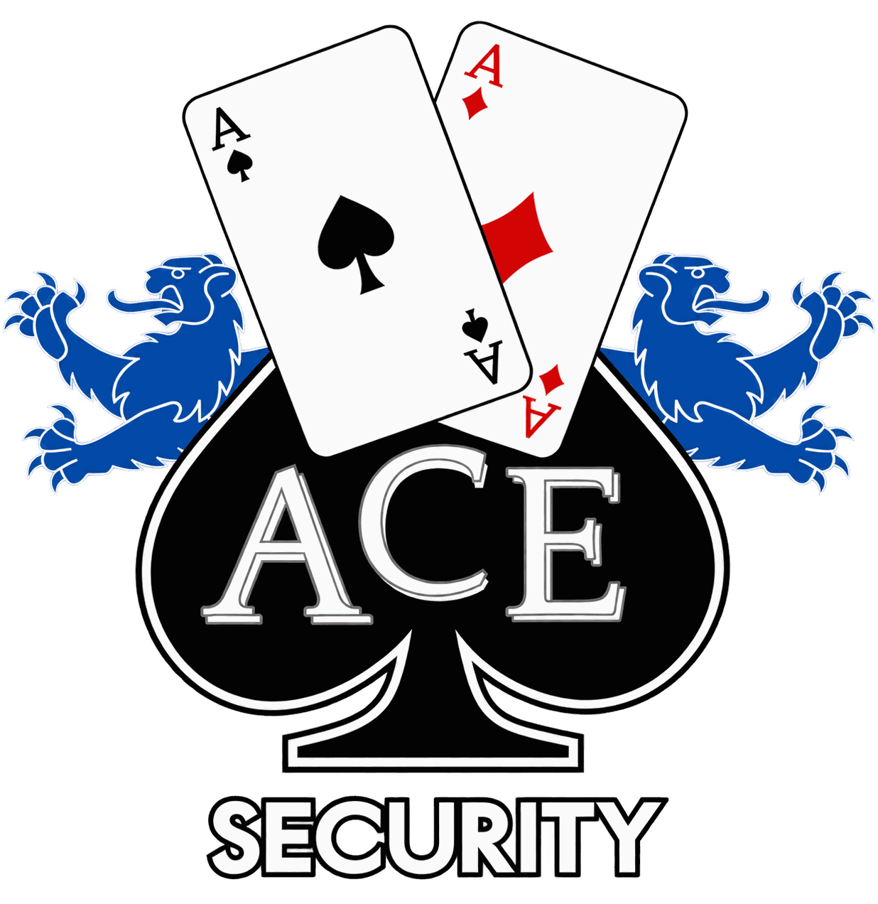 ACE Security logo with white Security lettering, playing cards and blue lions